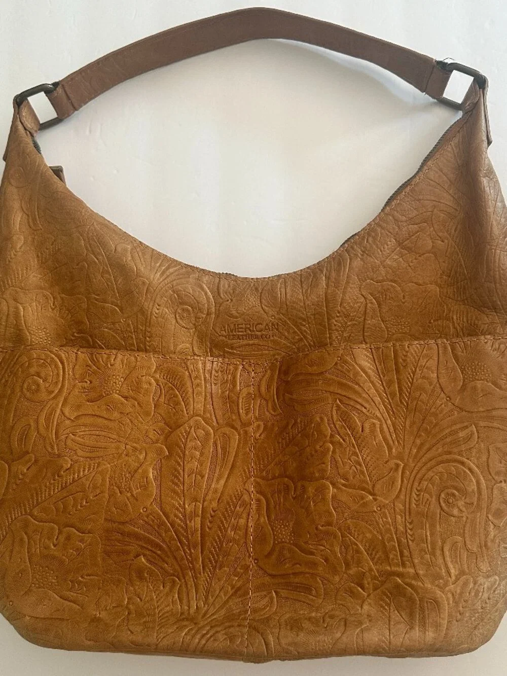 American Leather Co Hobo Bag Tan Genuine Leather Shoulder Purse Floral Boho